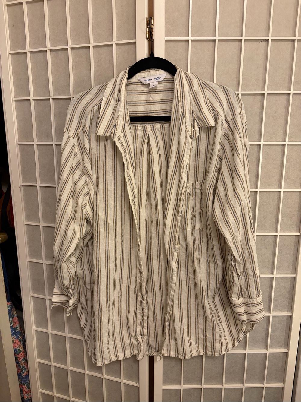 Linen Blend Loose Button Down Neutral Stripe Boyfriend shirt - Picture 11 of 11